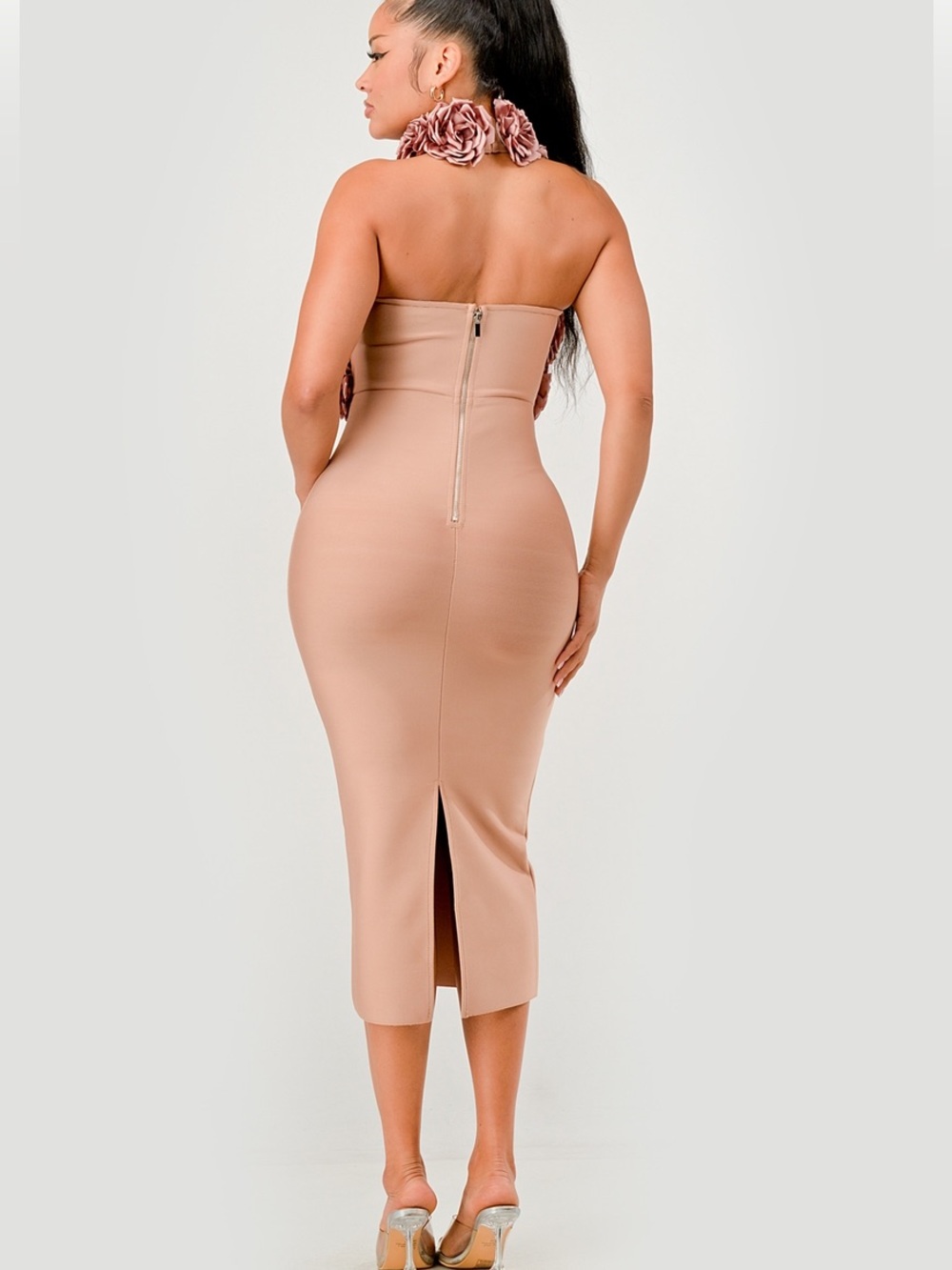 Blush Rose-Embellished Halter Midi Dress - Picture 2 of 4